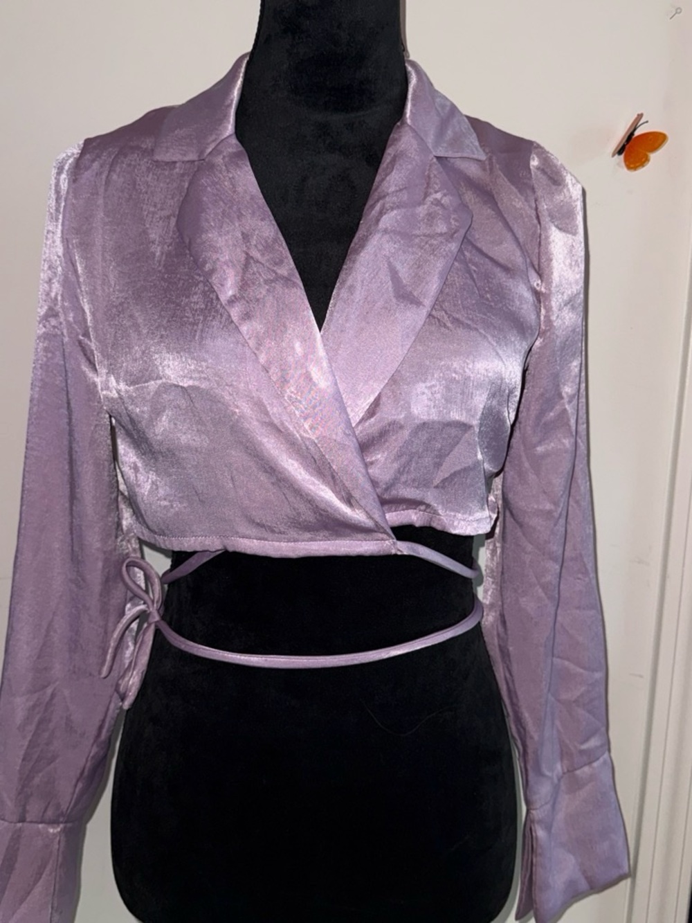 Lavender Satin Wrap Crop Blouse